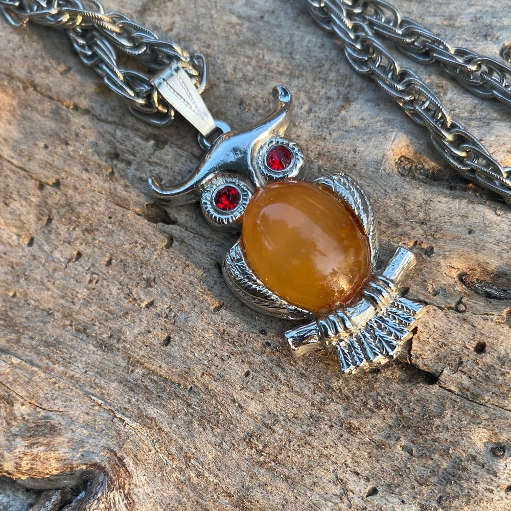 Long Silver Owl Pendant Necklace with Amber Cabochon and Red Crystal Eyes
